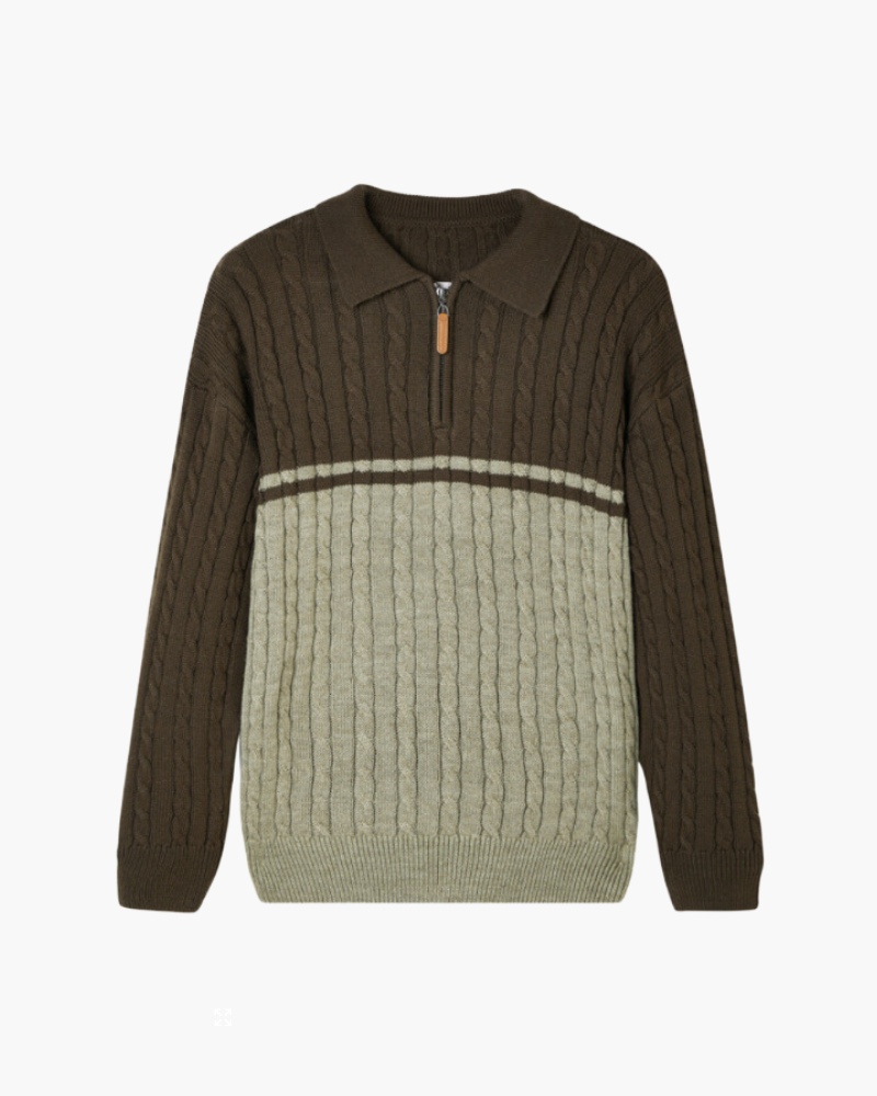 Amoura Clothing – Men's Jumper – 100% Wool Cable Knit with Zip – Brown