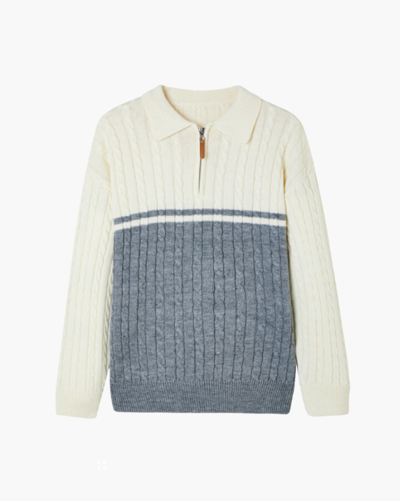 Amoura Clothing – Men's Jumper – 100% Wool Cable Knit with Zip – Blue Grey