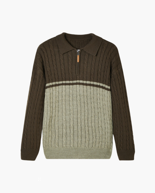 Amoura Clothing – Men's Jumper – 100% Wool Cable Knit with Zip – Brown