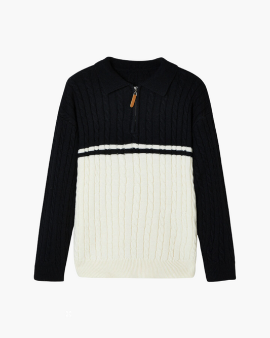 Amoura Clothing – Men's Jumper – 100% Wool Cable Knit with Zip – Black
