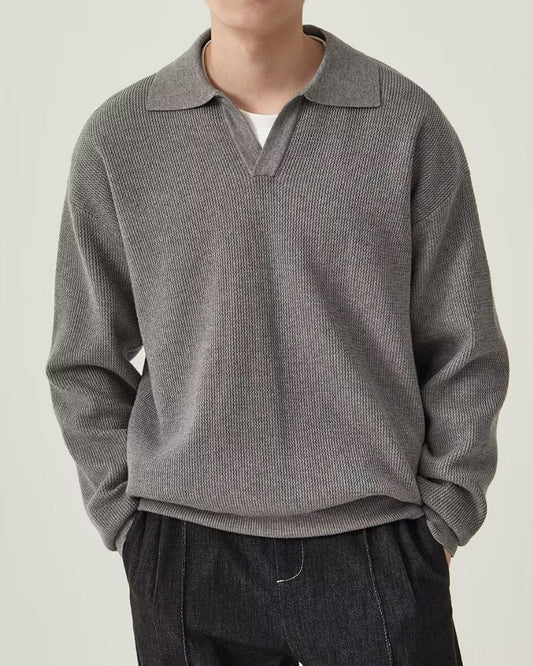 Amoura Clothing – Men's Jumper – Textured Knit with Polo Collar – Grey