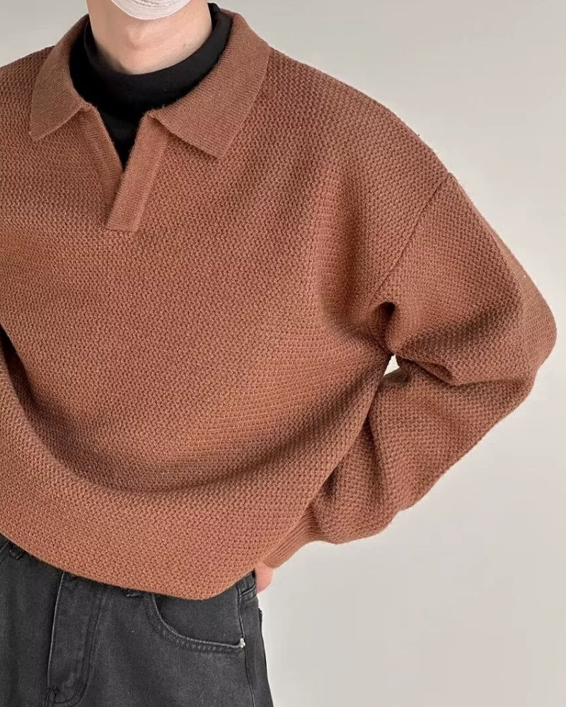 Amoura Clothing – Men's Jumper – Textured Knit with Polo Collar – Brown